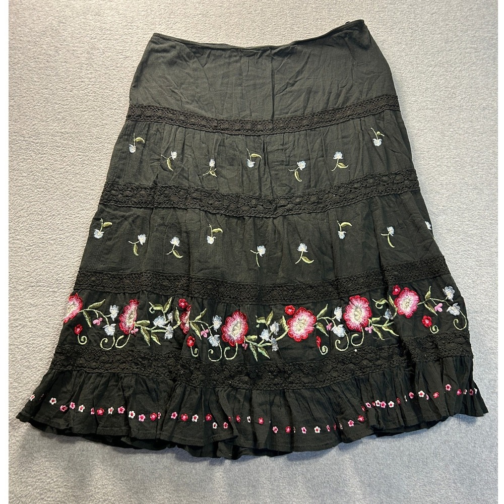 Mix Nouveau Midi Skirt Womens 1X Black Floral Embroider Tiered Boho Cotton Lace